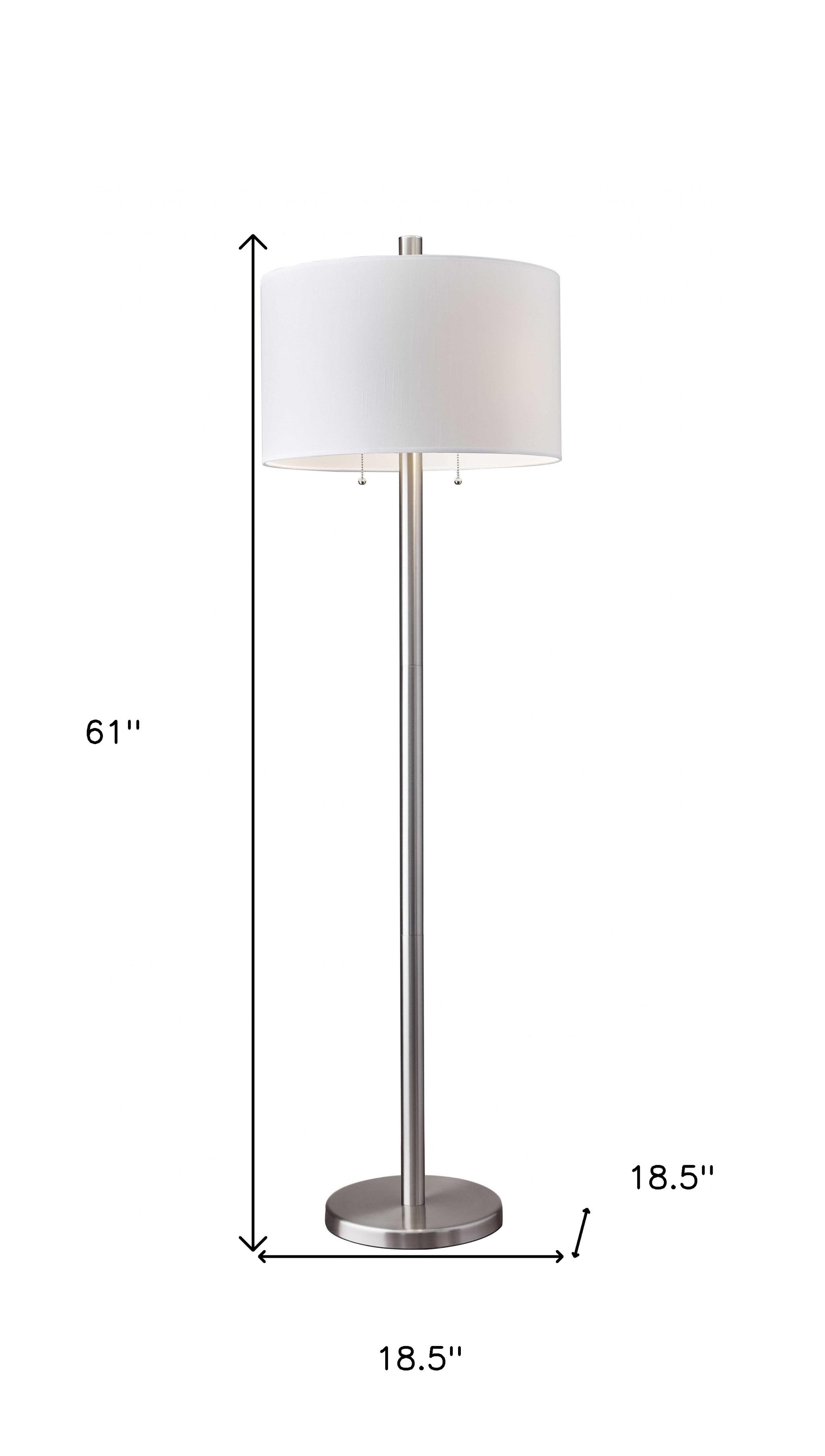 61" Silver Two Light Floor Lamp With White Fabric Drum Shade