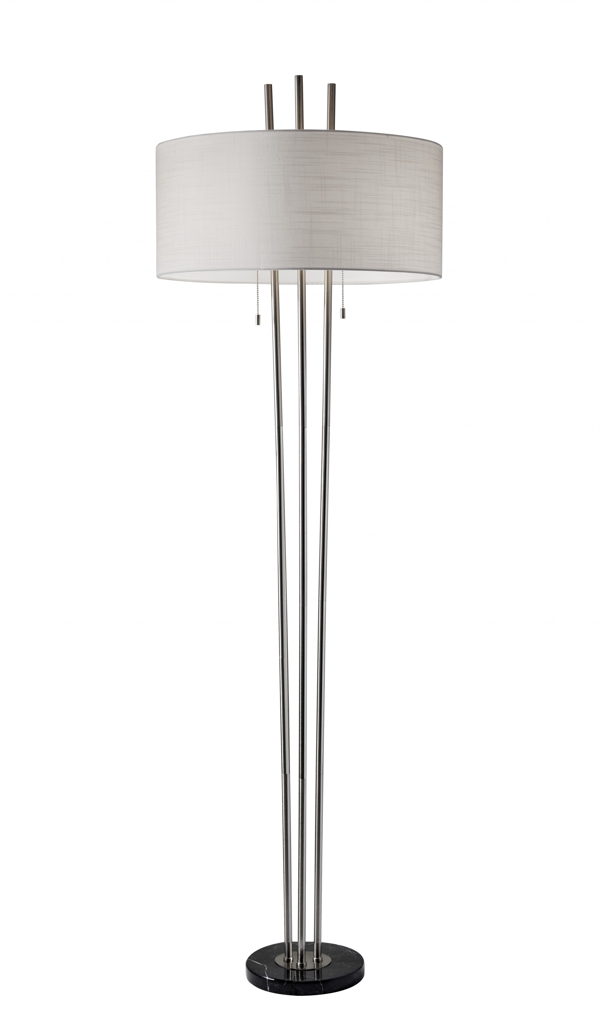 71" Silver Metal Two Light Floor Lamp With White Linen Drum Shade