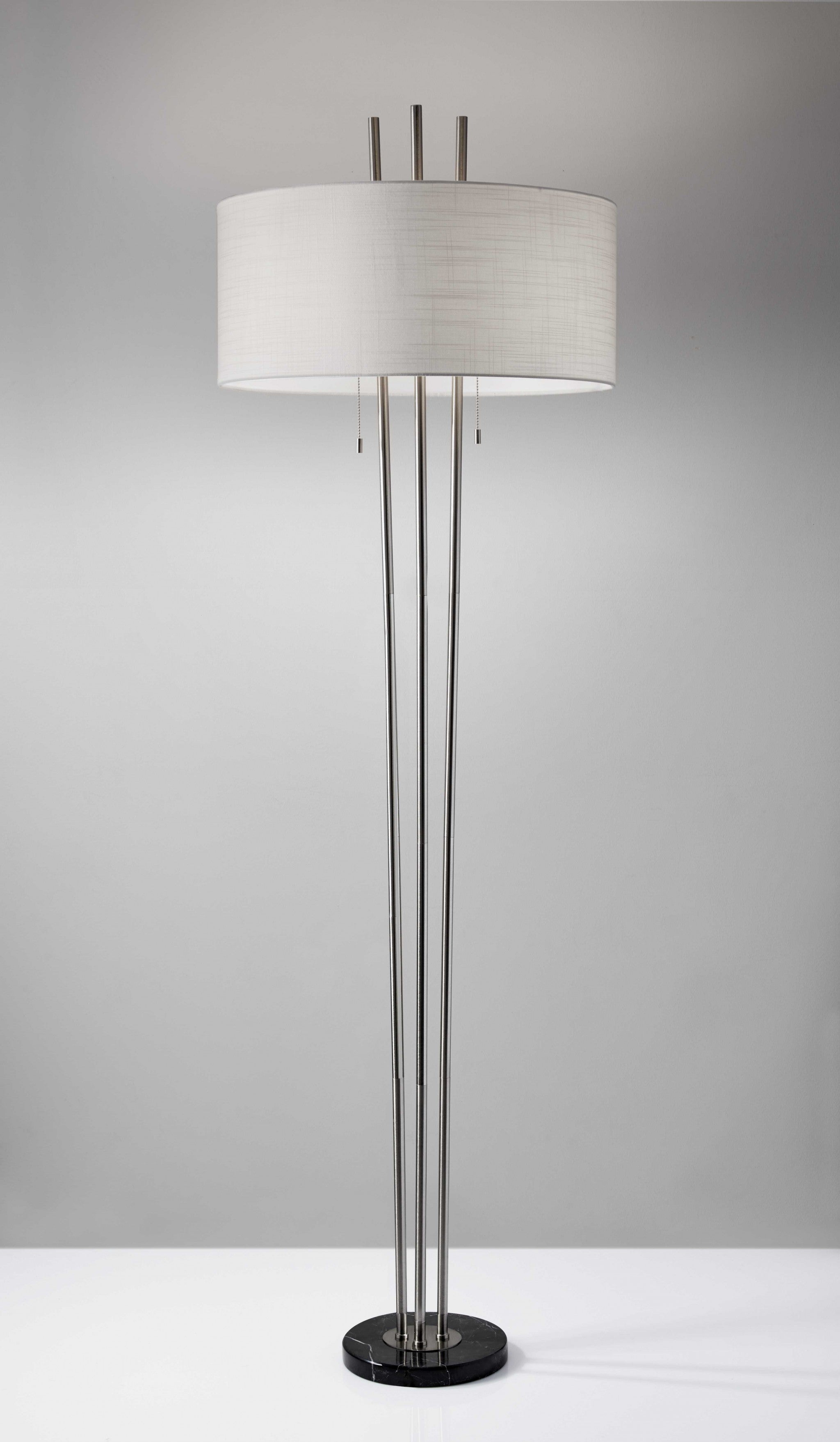 71" Silver Metal Two Light Floor Lamp With White Linen Drum Shade