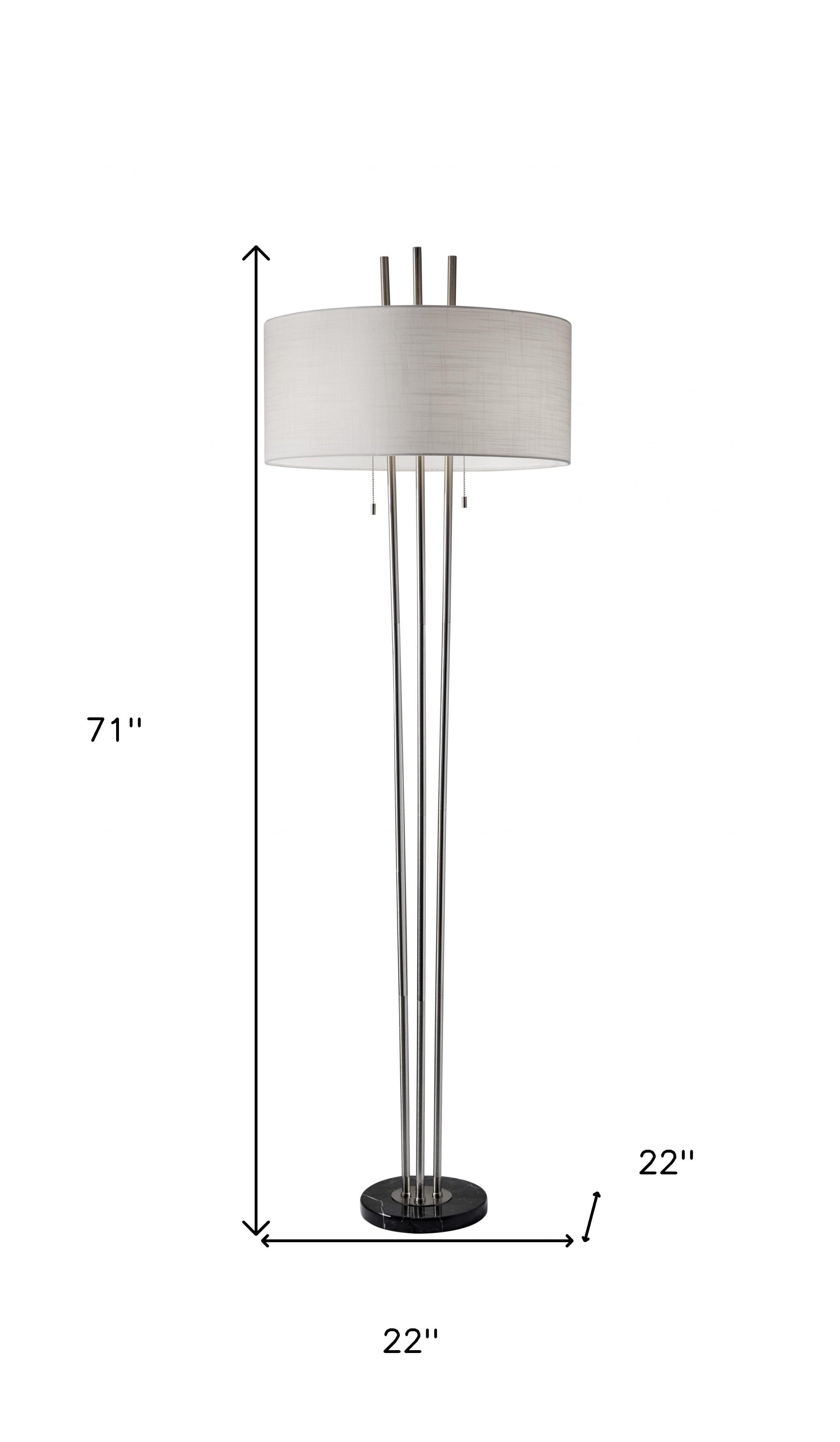 71" Silver Metal Two Light Floor Lamp With White Linen Drum Shade