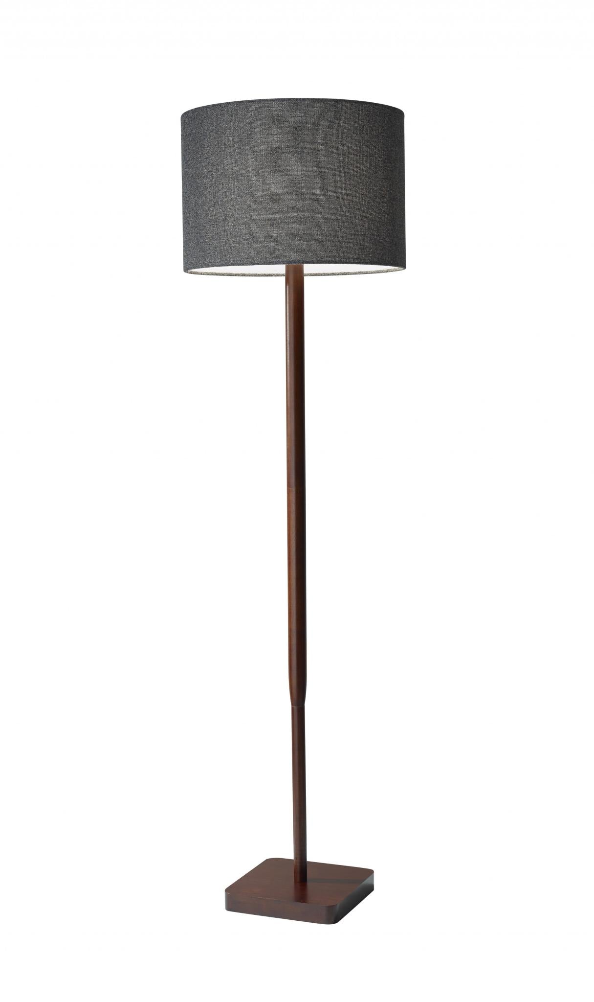 59" Brown And Black Solid Wood Floor Lamp With Dark Gray Fabric Drum Shade