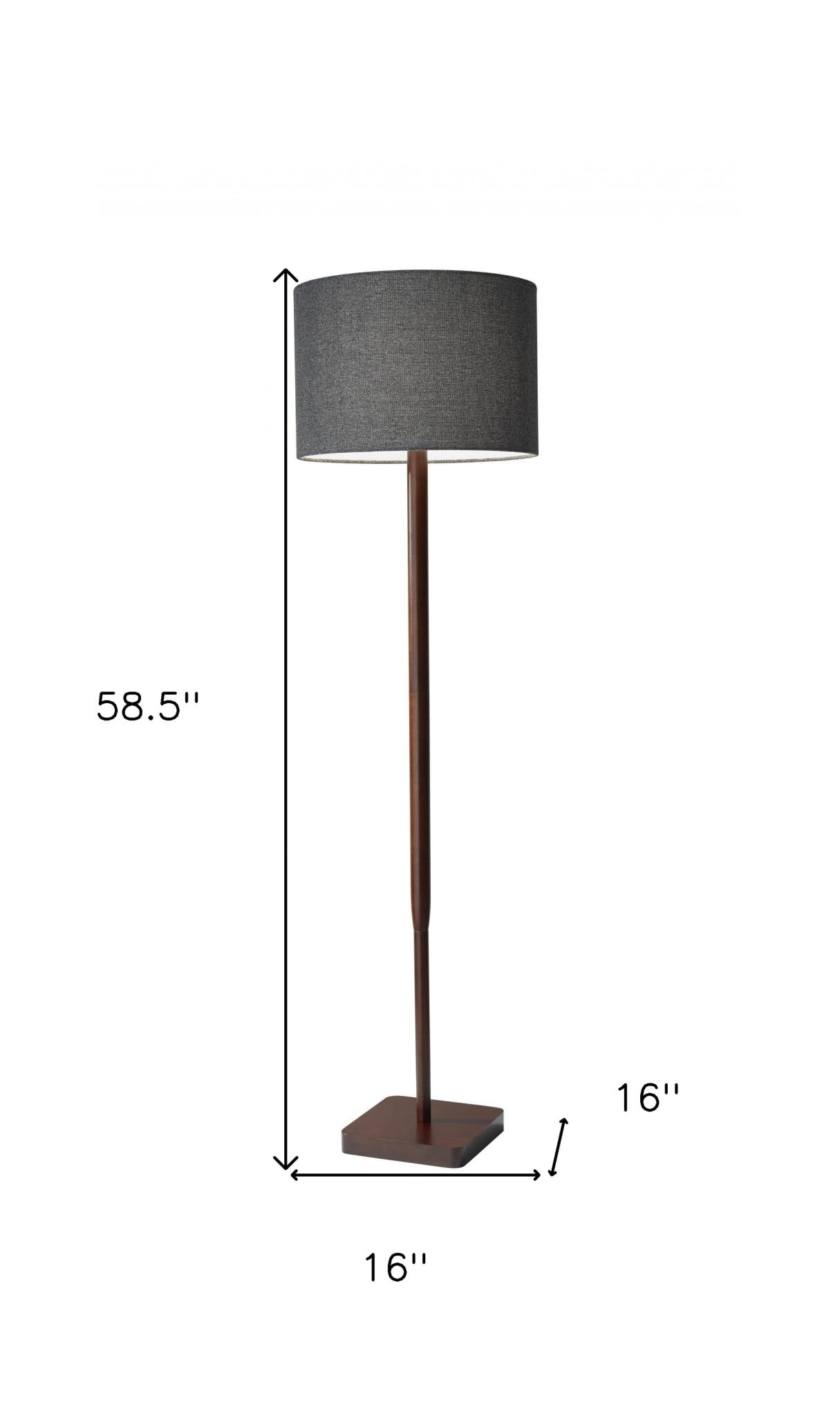 59" Brown And Black Solid Wood Floor Lamp With Dark Gray Fabric Drum Shade