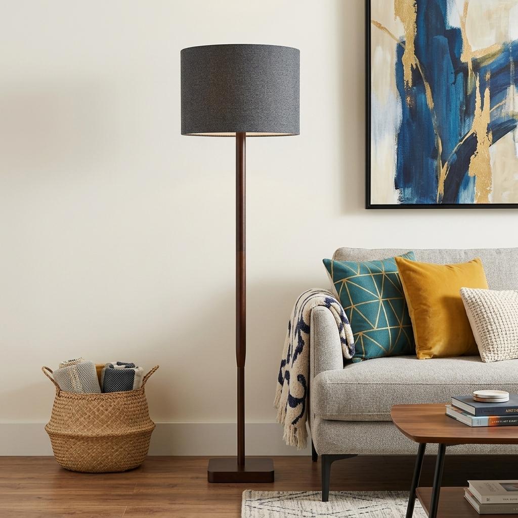 59" Brown And Black Solid Wood Floor Lamp With Dark Gray Fabric Drum Shade