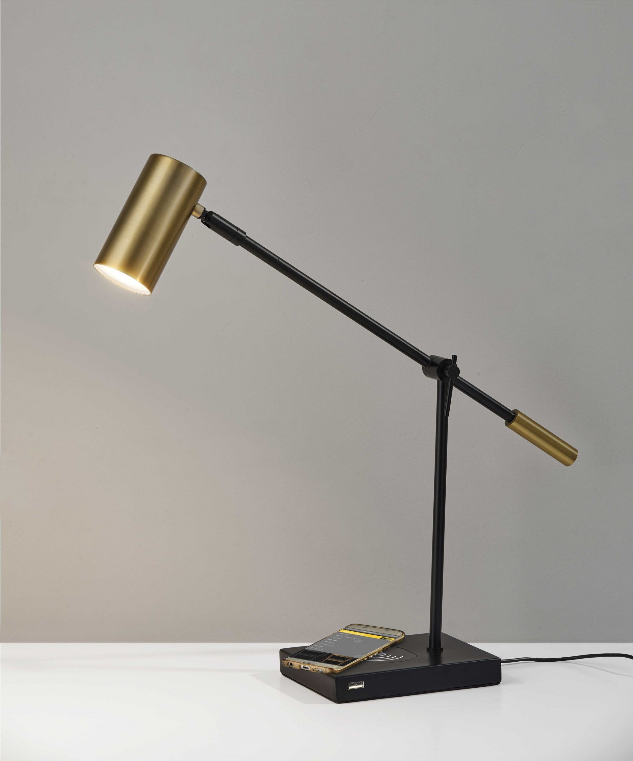 22" Black Metal Swing Arm LED Desk Lamp With USB And Antiqued Gold Cylinder Shade