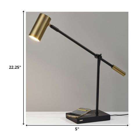 22" Black Metal Swing Arm LED Desk Lamp With USB And Antiqued Gold Cylinder Shade