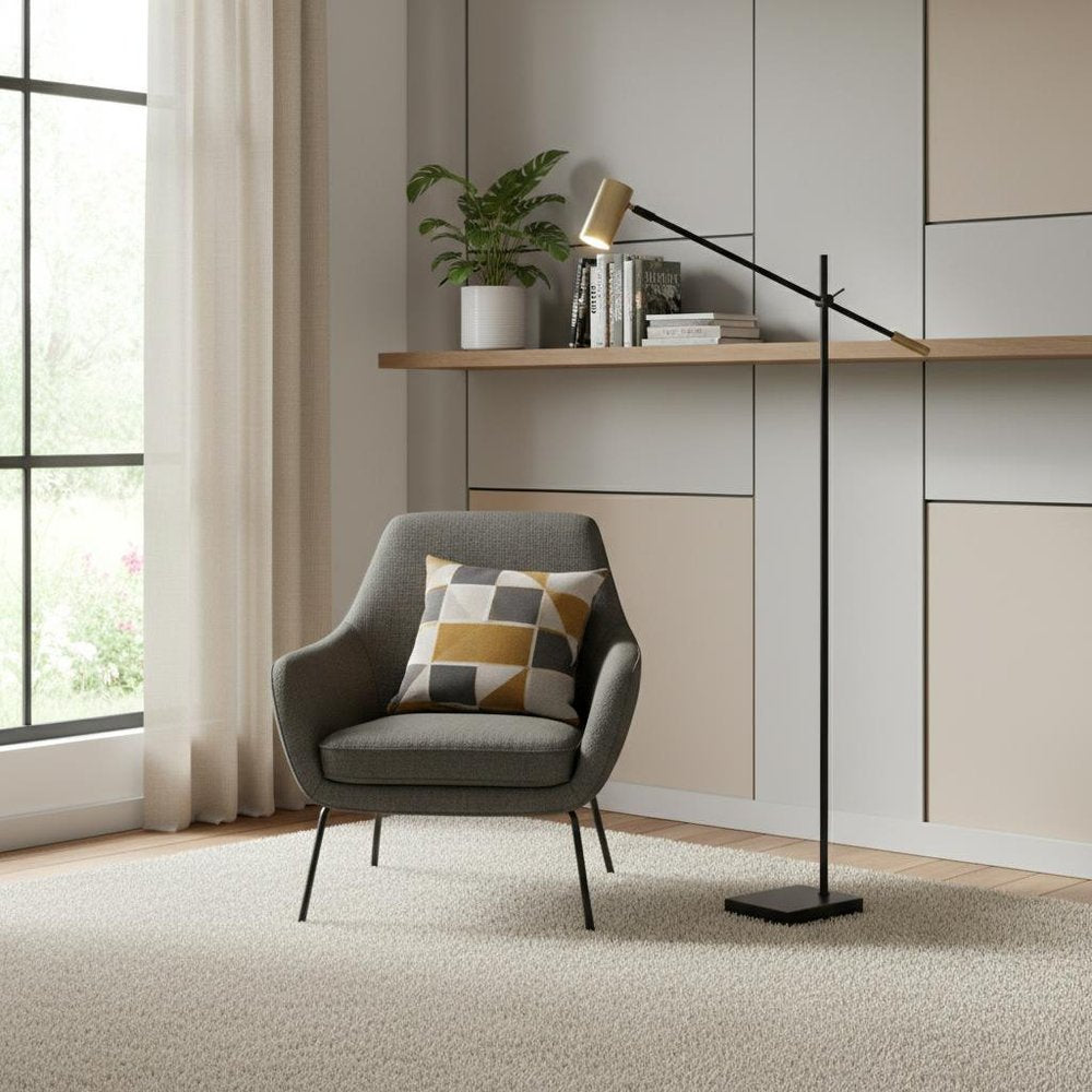 63" Black And Gold Adjustable LED Task Floor Lamp With Antiqued Brass Metal Cylinder Shade