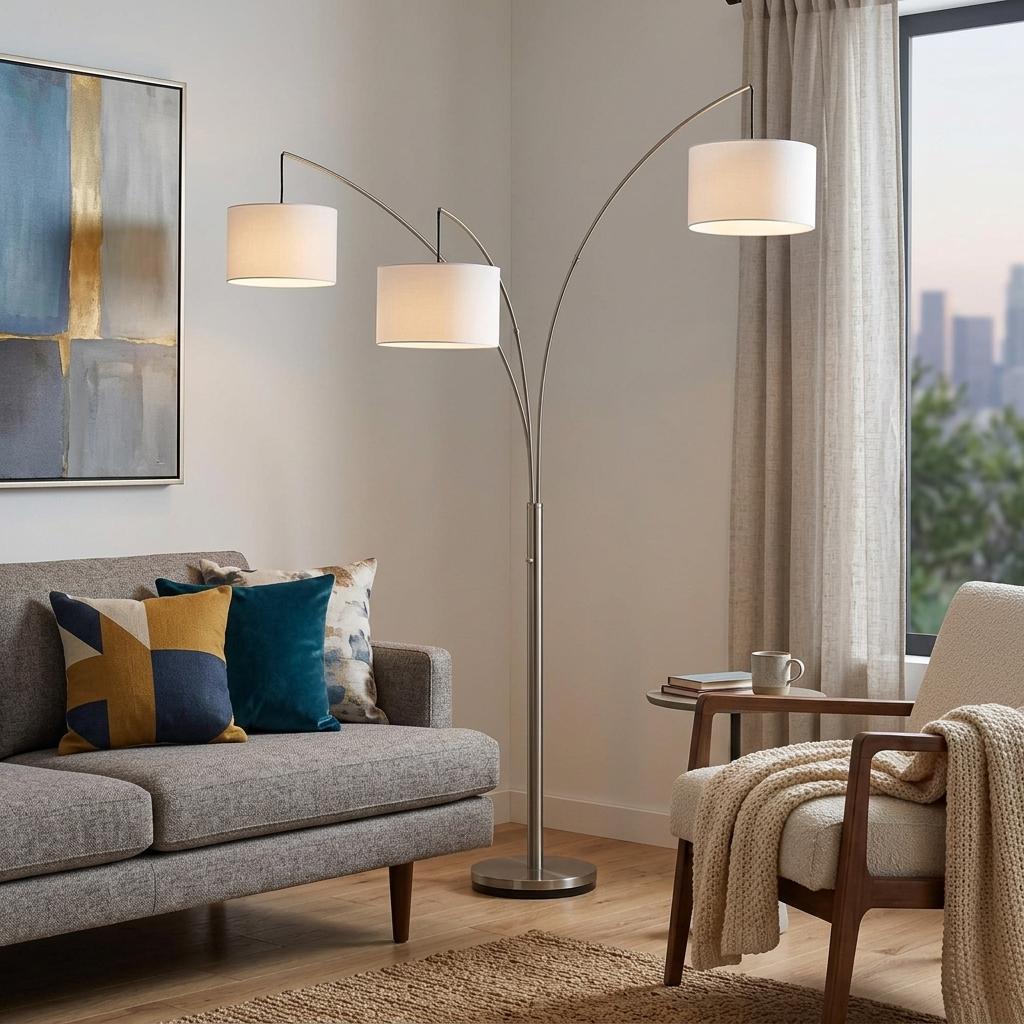 74" Silver Three Light Tree Floor Lamp With White Linen Drum Shade