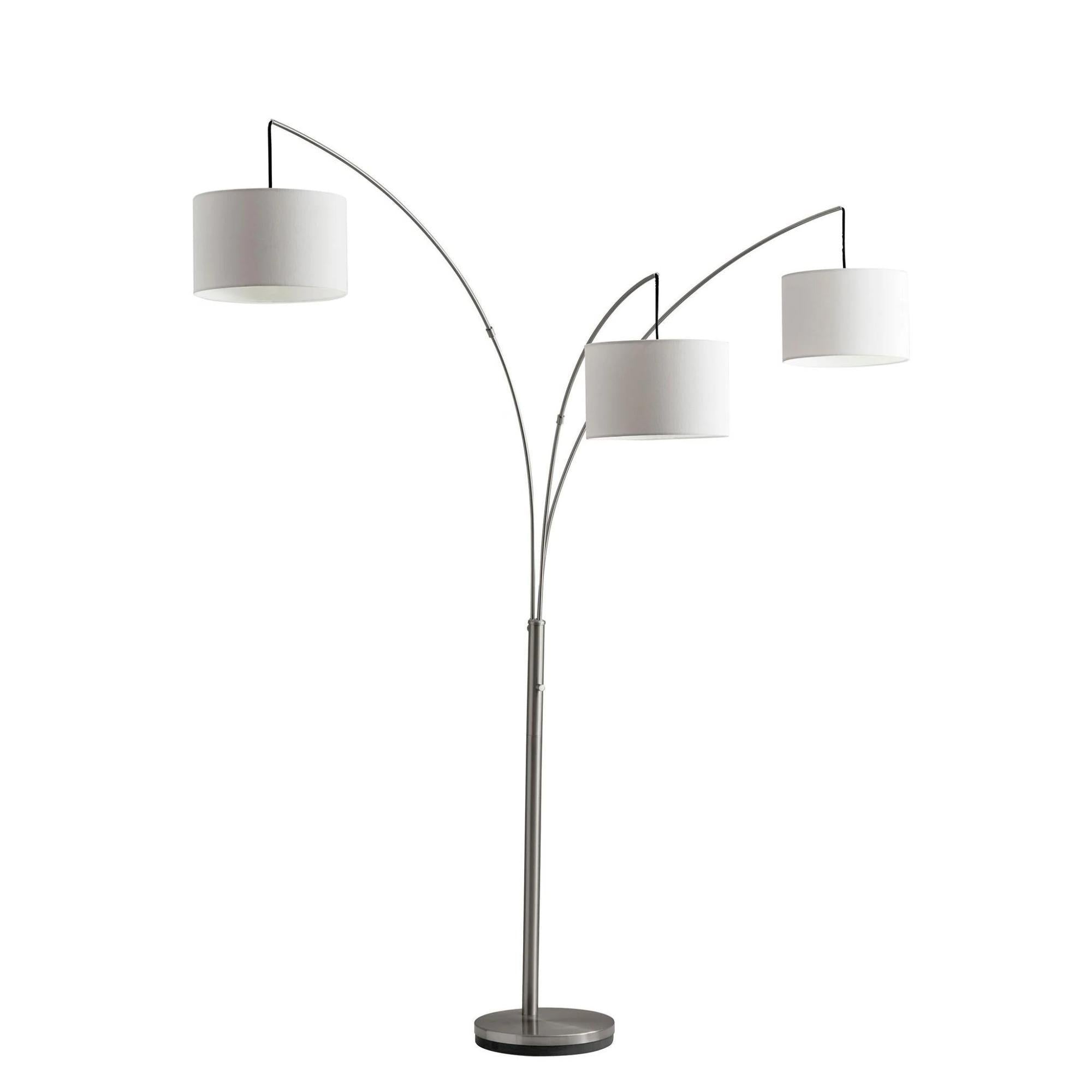 74" Silver Three Light Tree Floor Lamp With White Linen Drum Shade