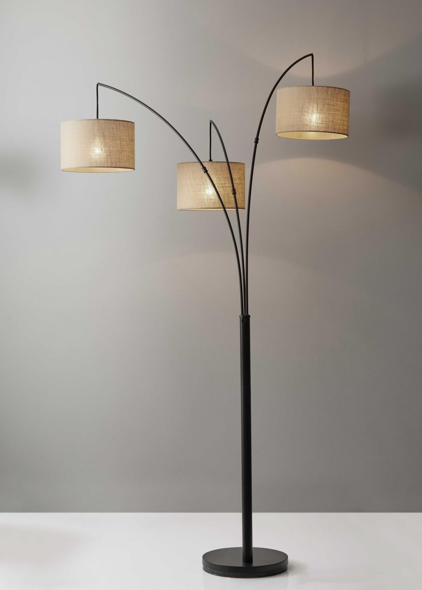 74" Bronze Three Light Tree Floor Lamp With Beige Burlap Drum Shade