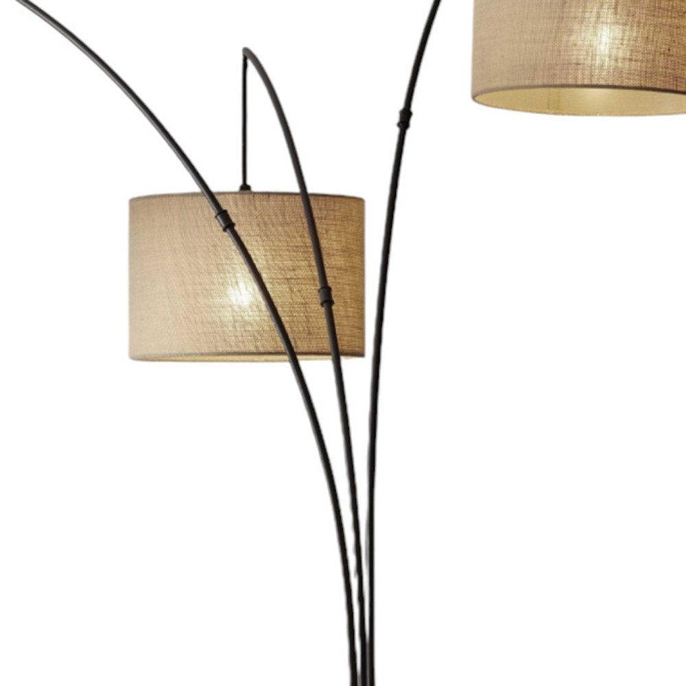 74" Silver Three Light Tree Floor Lamp With White Linen Drum Shade