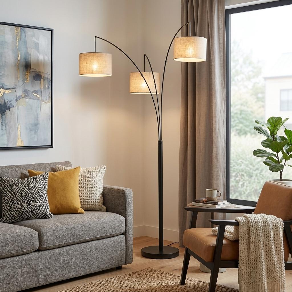 74" Bronze Three Light Tree Floor Lamp With Beige Burlap Drum Shade
