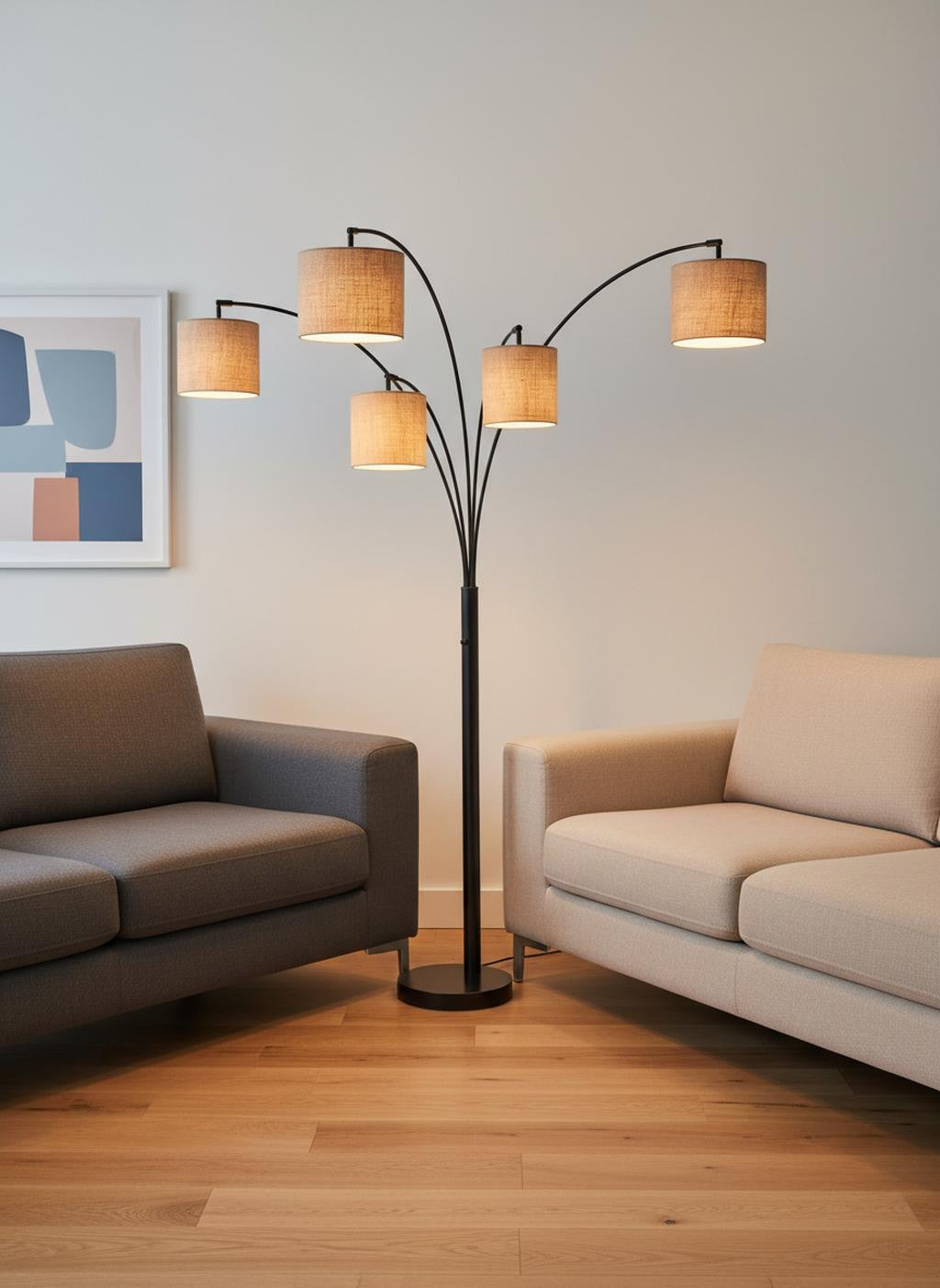 82" Bronze Five Light Tree Floor Lamp With Beige Fabric Drum Shade