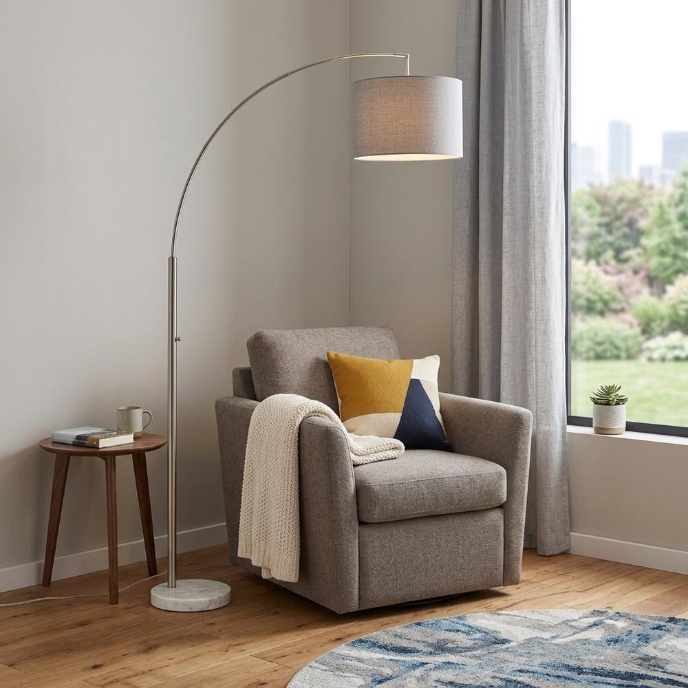 74" Brass Metal Arc Floor Lamp With Off White Linen Drum Shade