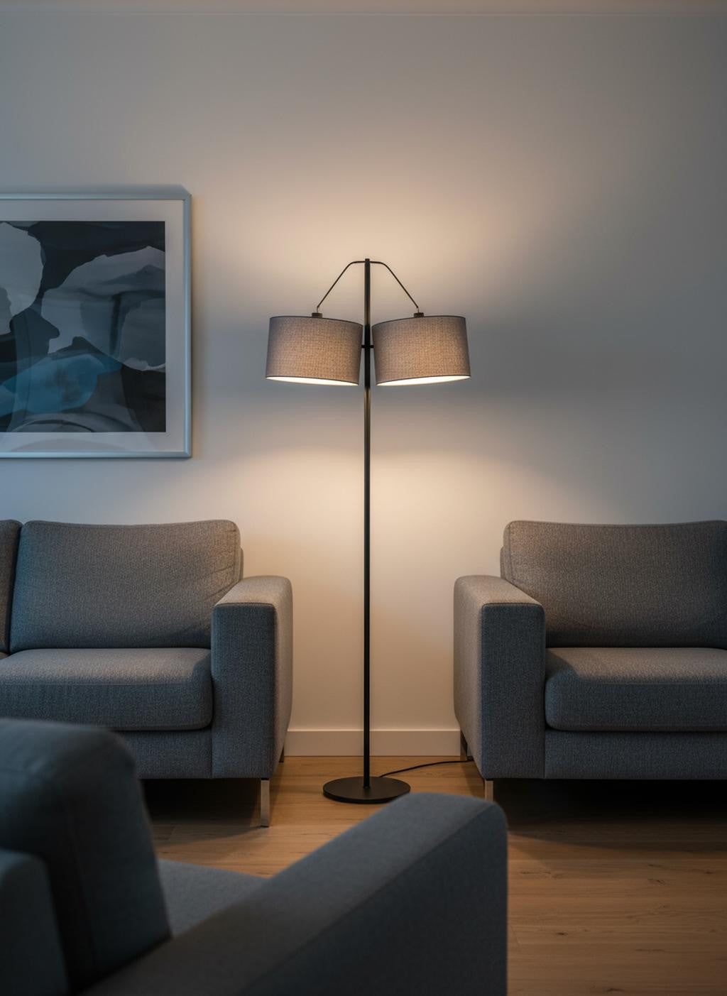 91" Silver Three Light Tree Floor Lamp With Gray Linen Drum Shade