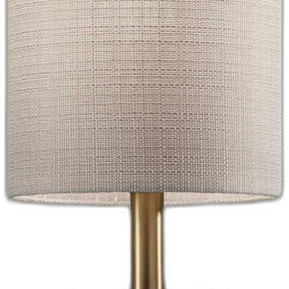 23" Brass Metal And Wood Table Lamp With Beige Drum Shade