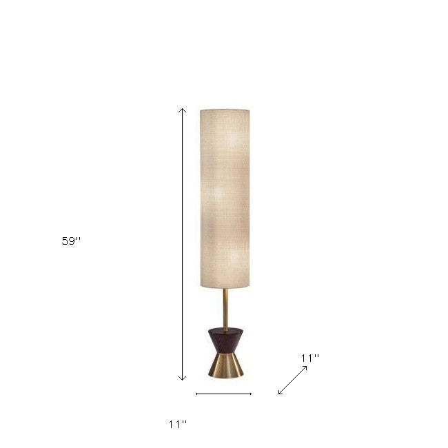 59" Brass Column With Beige Fabric Shade