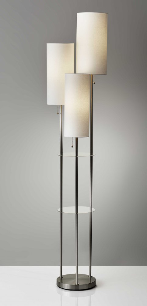 68" Silver Three Light Novelty Floor Lamp With White Linen Cylinder Shade