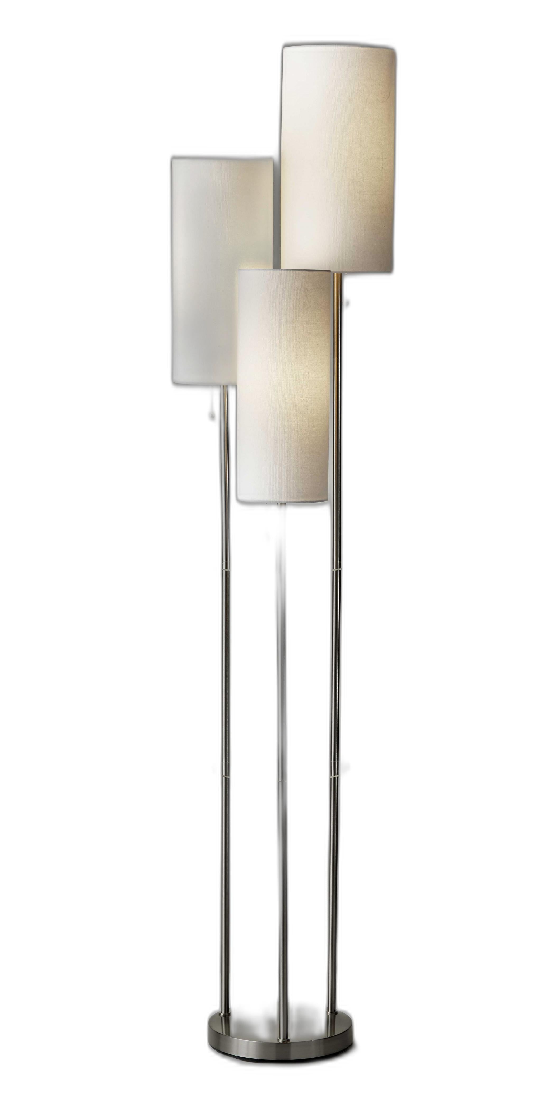 68" Steel Three Light Floor Lamp With White Linen Cylinder Shades