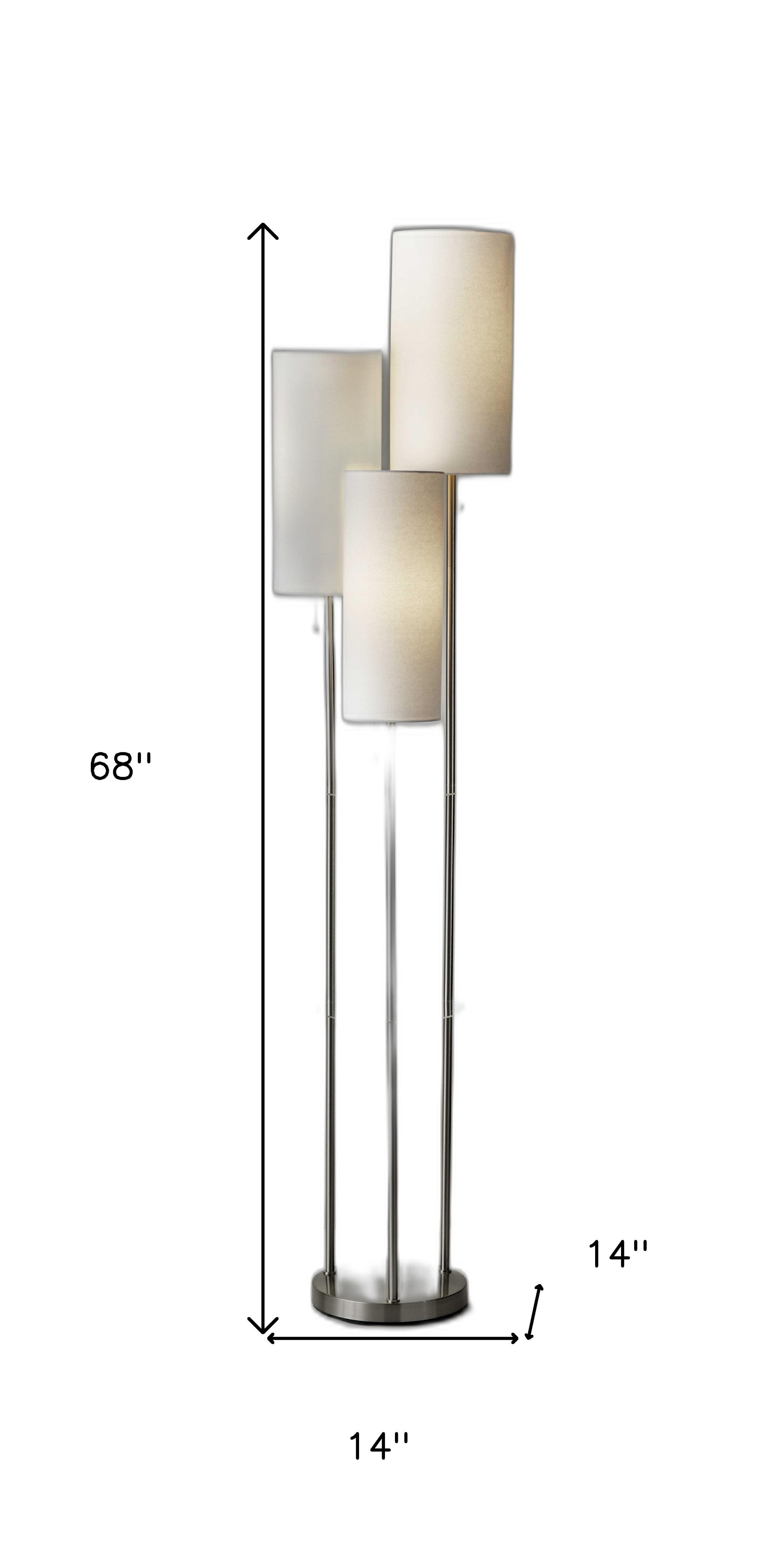 68" Steel Three Light Floor Lamp With White Linen Cylinder Shades