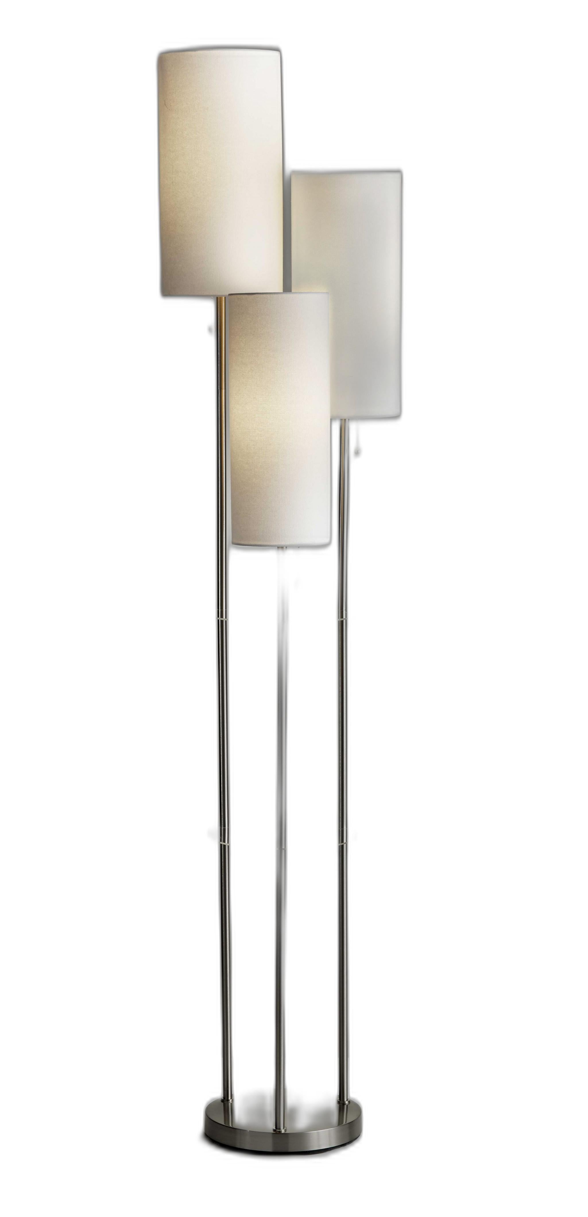 68" Steel Three Light Floor Lamp With White Linen Cylinder Shades