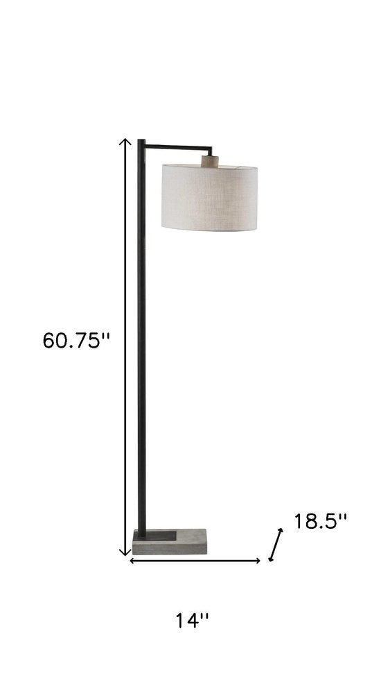 61" Grey And Black Arc Floor Lamp With White Fabric Drum Shade
