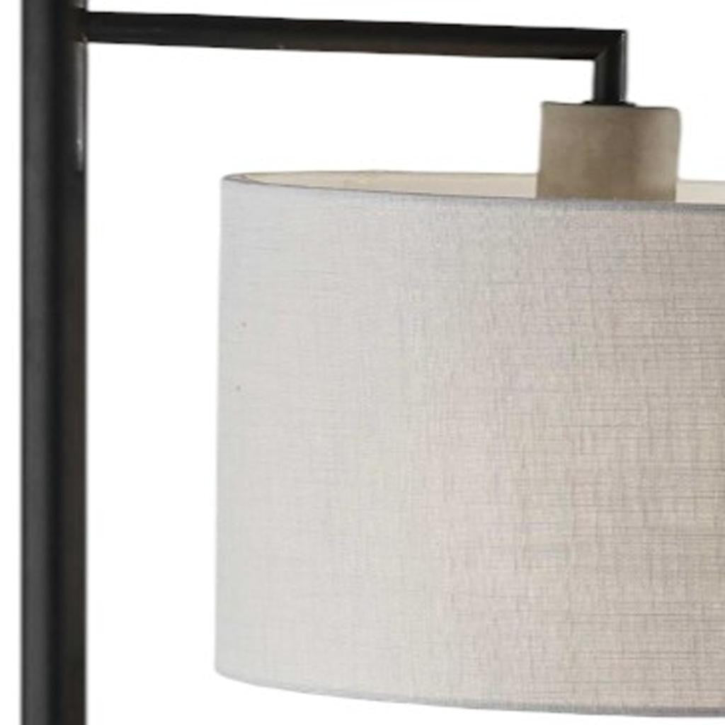 61" Grey And Black Arc Floor Lamp With White Fabric Drum Shade