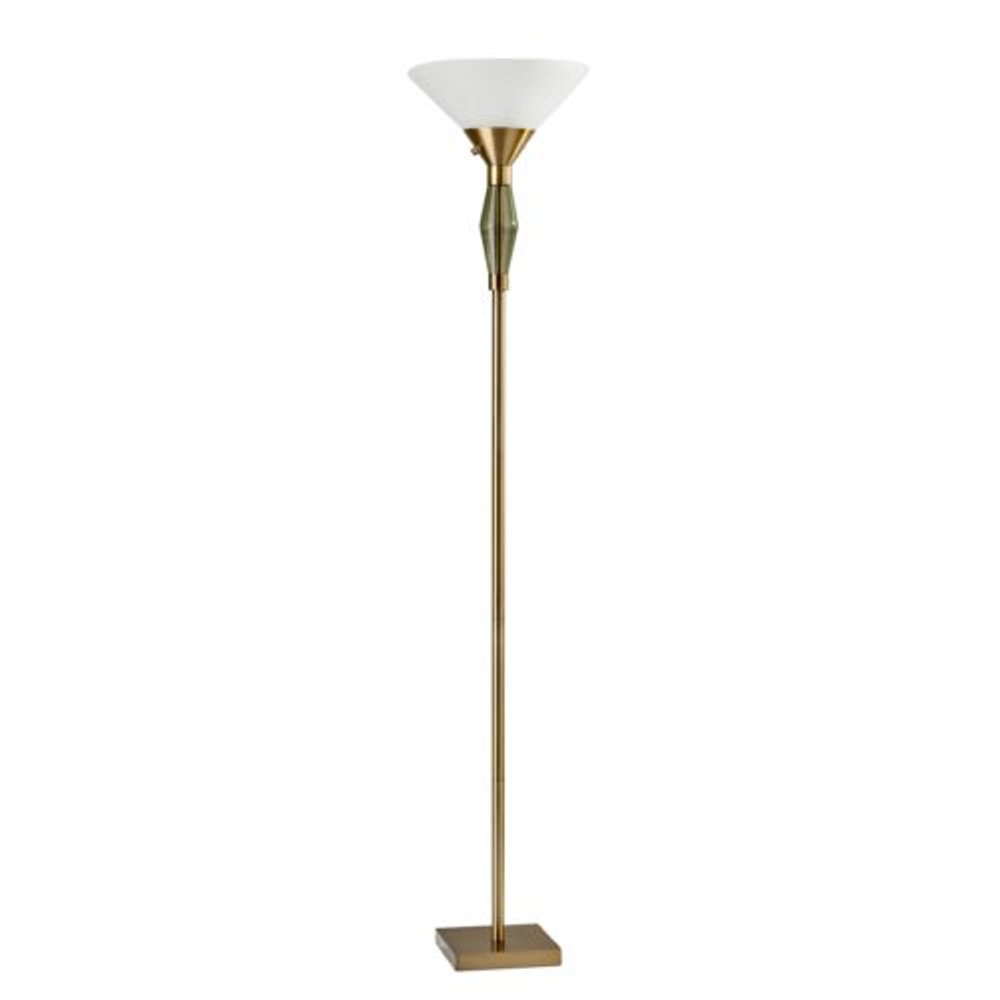 71" Brass Metal Light Changing Torchiere Floor Lamp With White Fabric Cone Shade