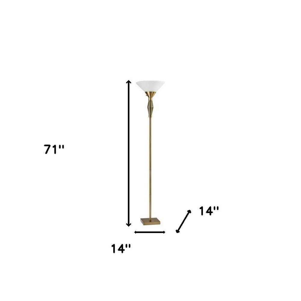 71" Brass Metal Light Changing Torchiere Floor Lamp With White Fabric Cone Shade
