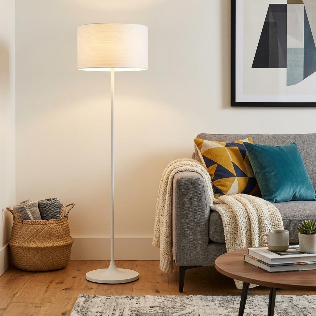 60" White Floor Lamp With White Fabric Drum Shade