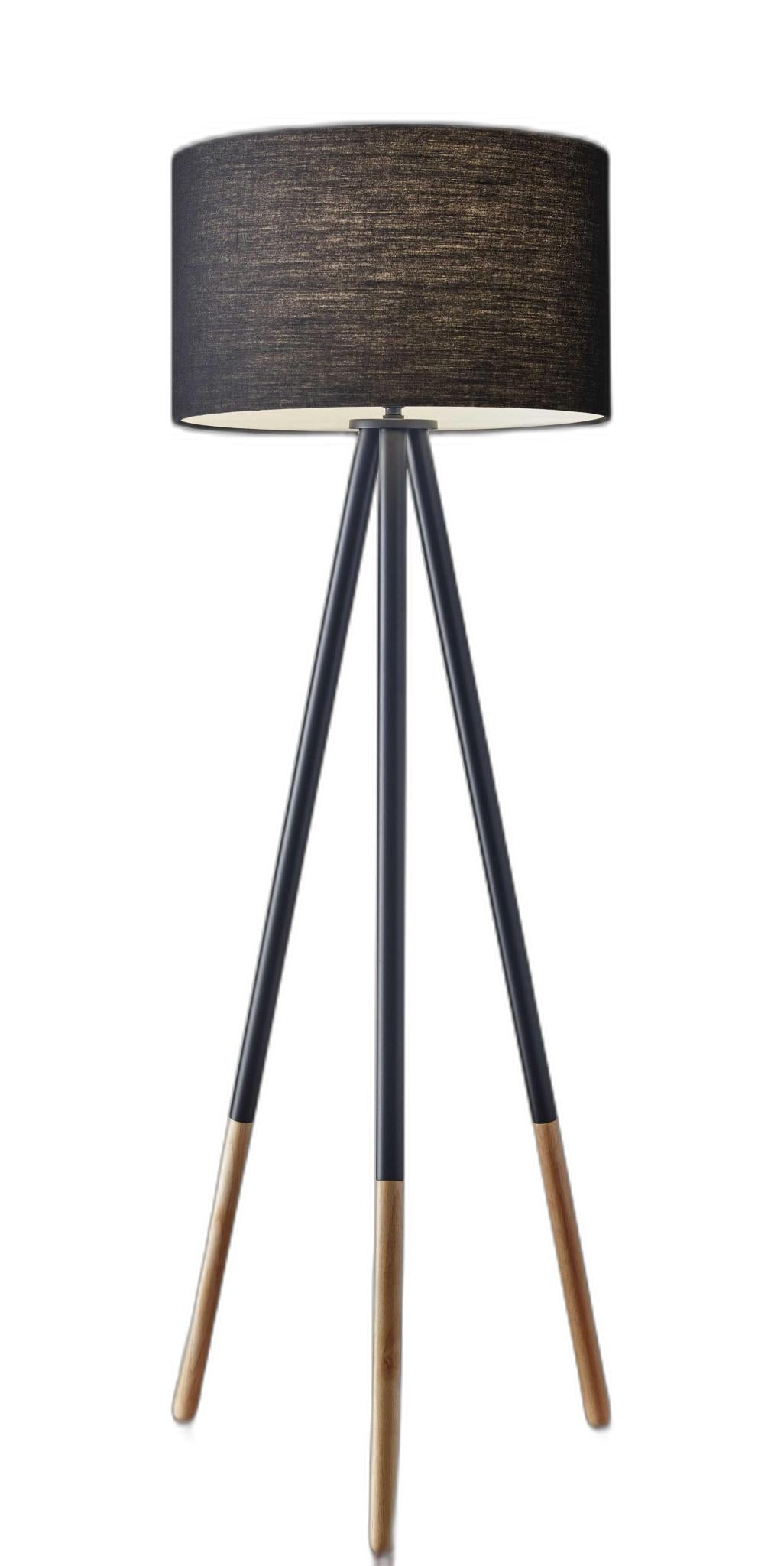 Black Metal Tripod Floor Lamp With Black Fabric Drum Shade