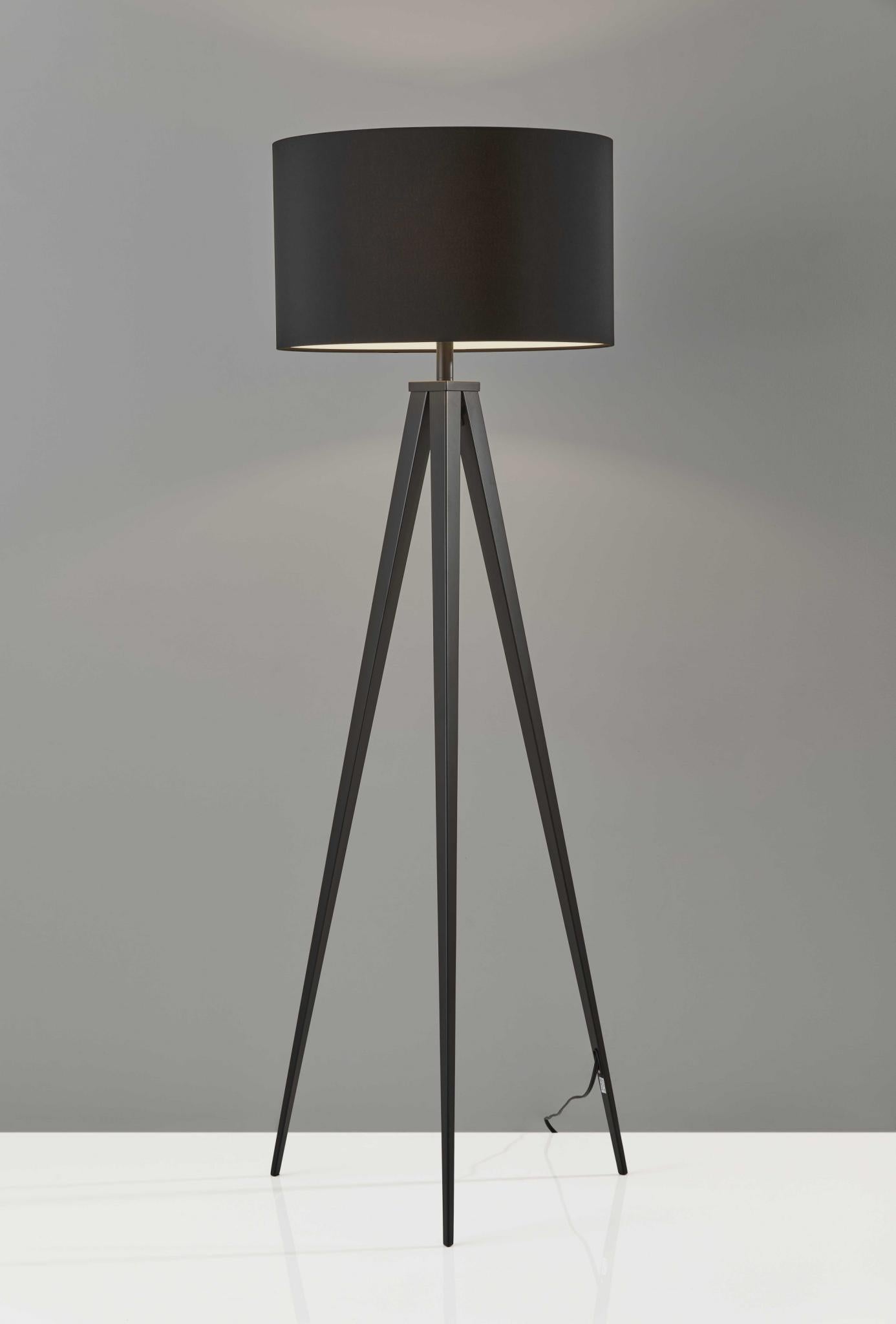 Black Metal Tripod Floor Lamp With Black Fabric Drum Shade