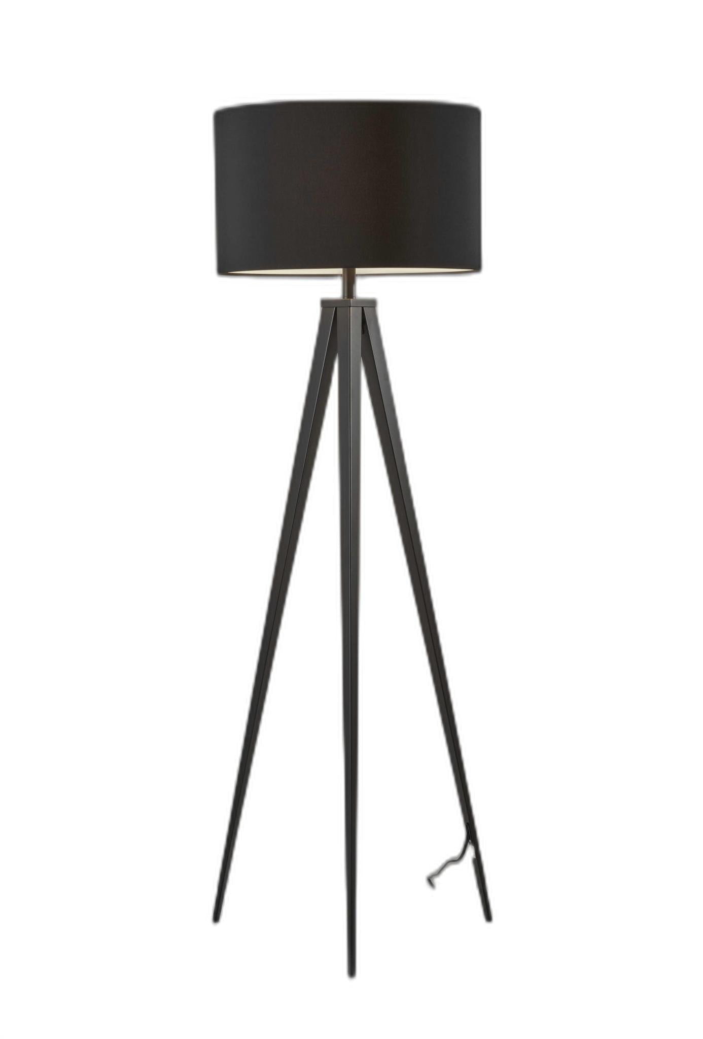 Black Metal Tripod Floor Lamp With Black Fabric Drum Shade