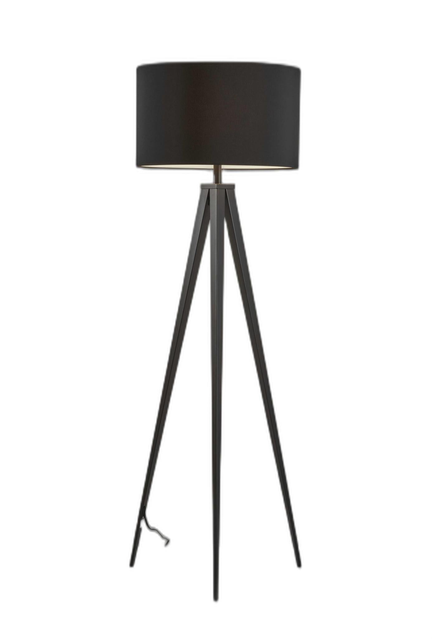 Black Metal Tripod Floor Lamp With Black Fabric Drum Shade