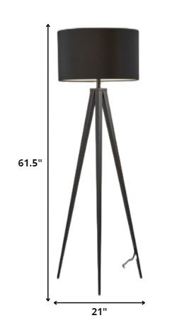 Black Metal Tripod Floor Lamp With Black Fabric Drum Shade