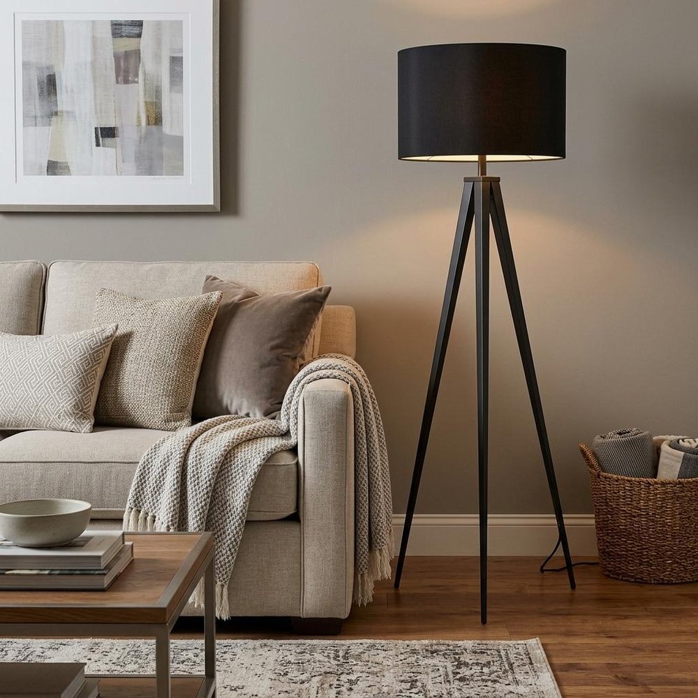 Black Metal Tripod Floor Lamp With Black Fabric Drum Shade