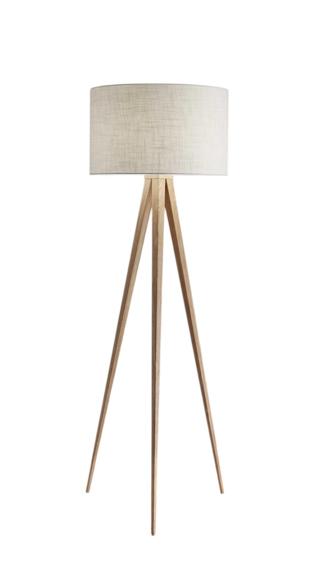 60" Natural Metal Tripod Floor Lamp With White Fabric Drum Shade
