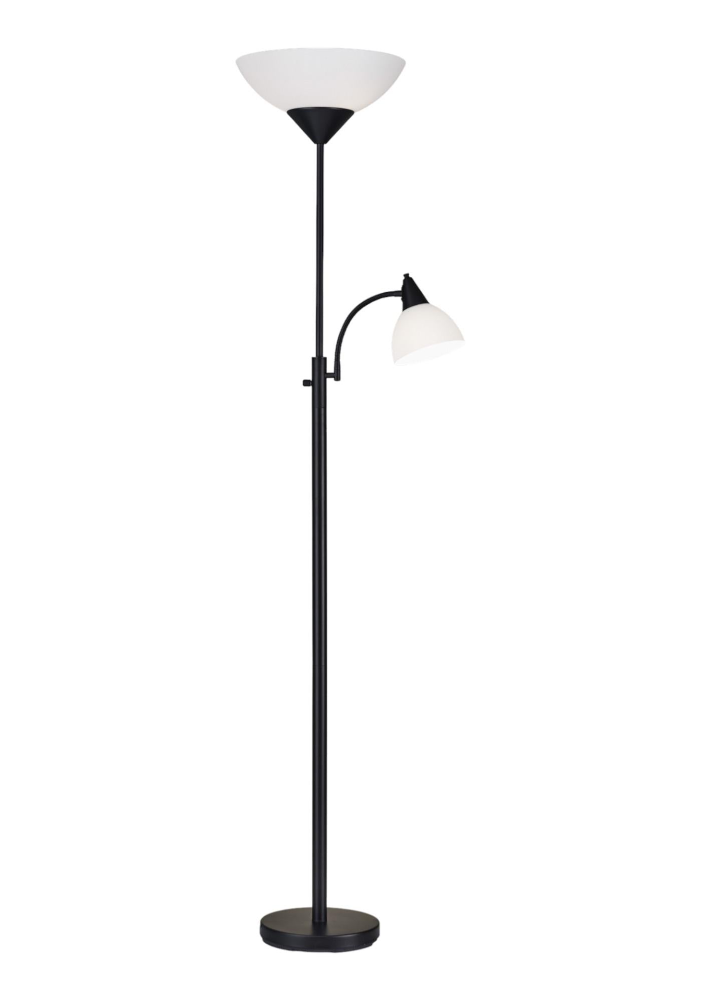 71" Two Light Torchiere Floor Lamp With White Acrylic Bowl Shades