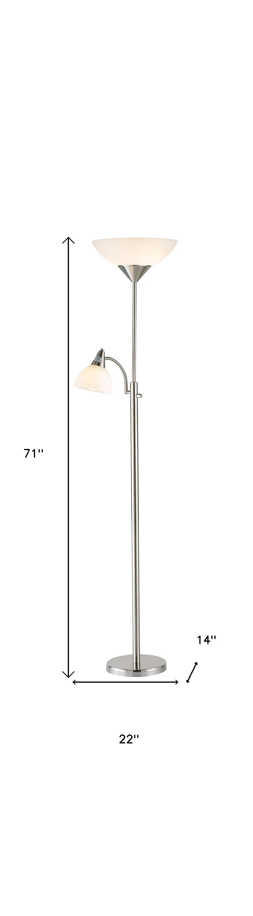71" Silver Metal Two Light Torchiere Floor Lamp With White Bowl Shade