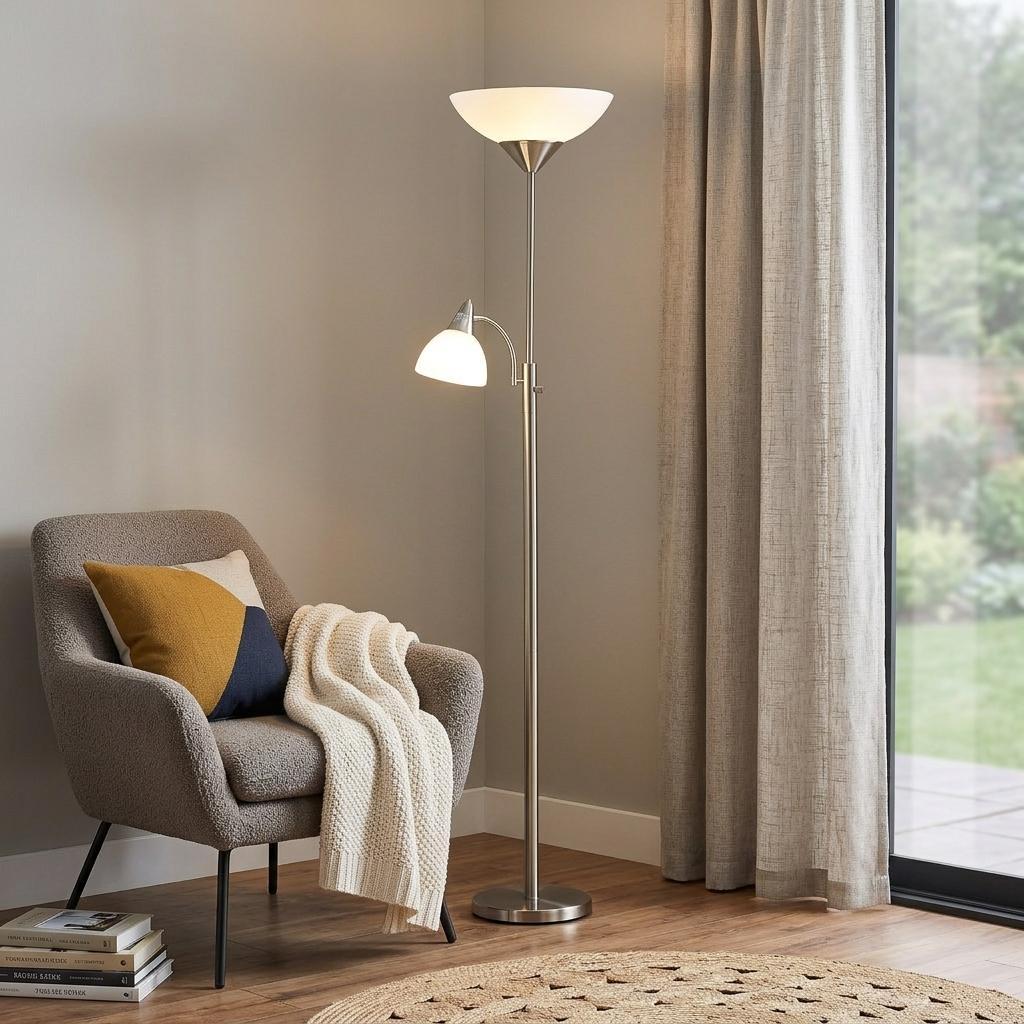 71" Silver Metal Two Light Torchiere Floor Lamp With White Bowl Shade