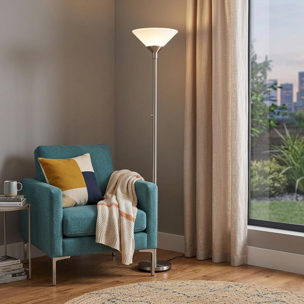 73" Silver Torchiere Floor Lamp With White Acrylic Cone Shade