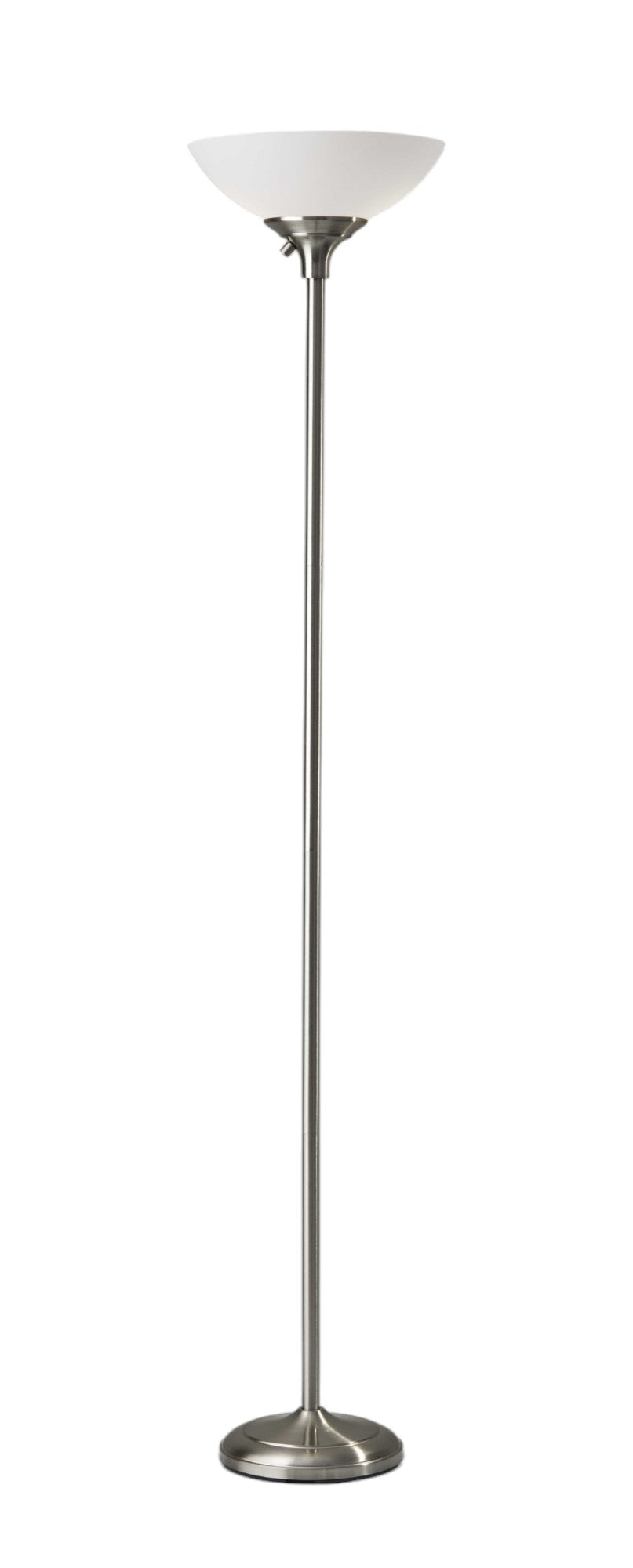 71" Silver Metal Torchiere Floor Lamp With White Bowl Shade