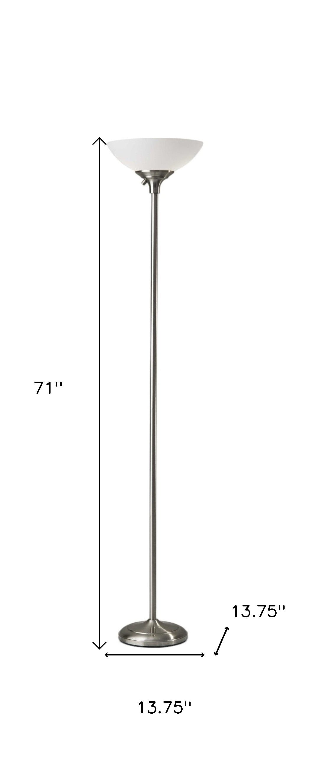 71" Silver Metal Torchiere Floor Lamp With White Bowl Shade