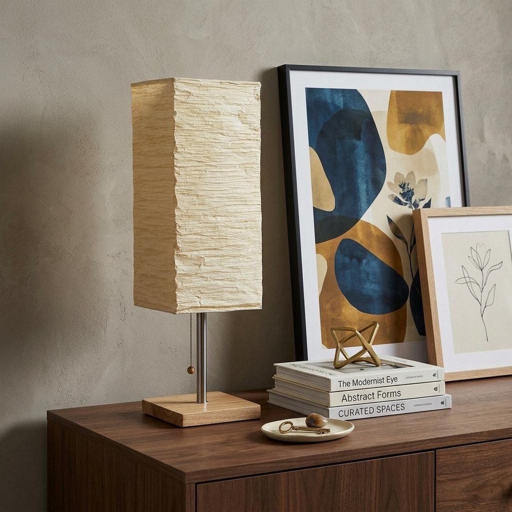 25" Natural Solid Wood And Silver Metal Table Lamp Beige Paper Shade