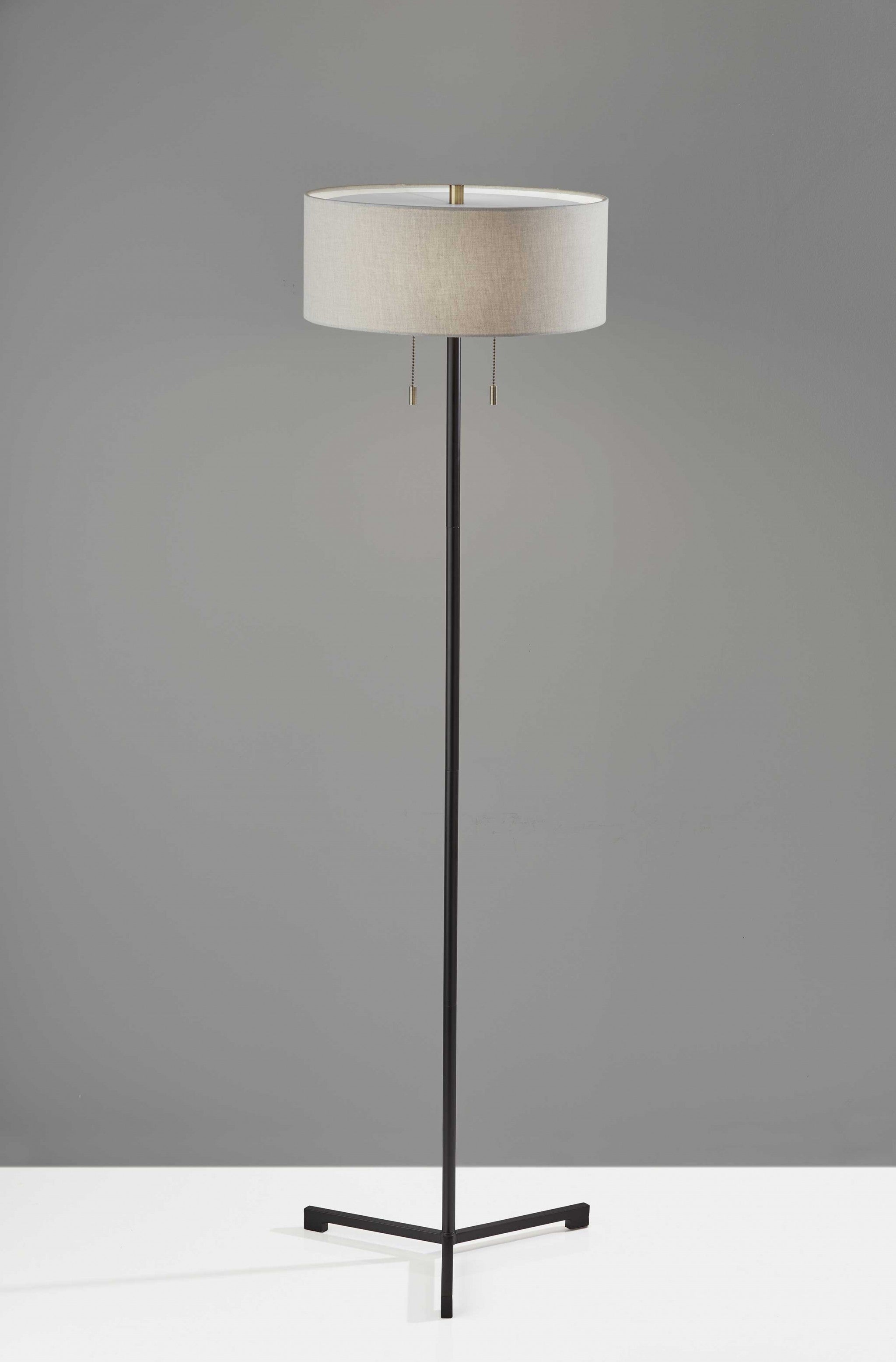 60" Black And White Floor Lamp With White Fabric Drum Shade