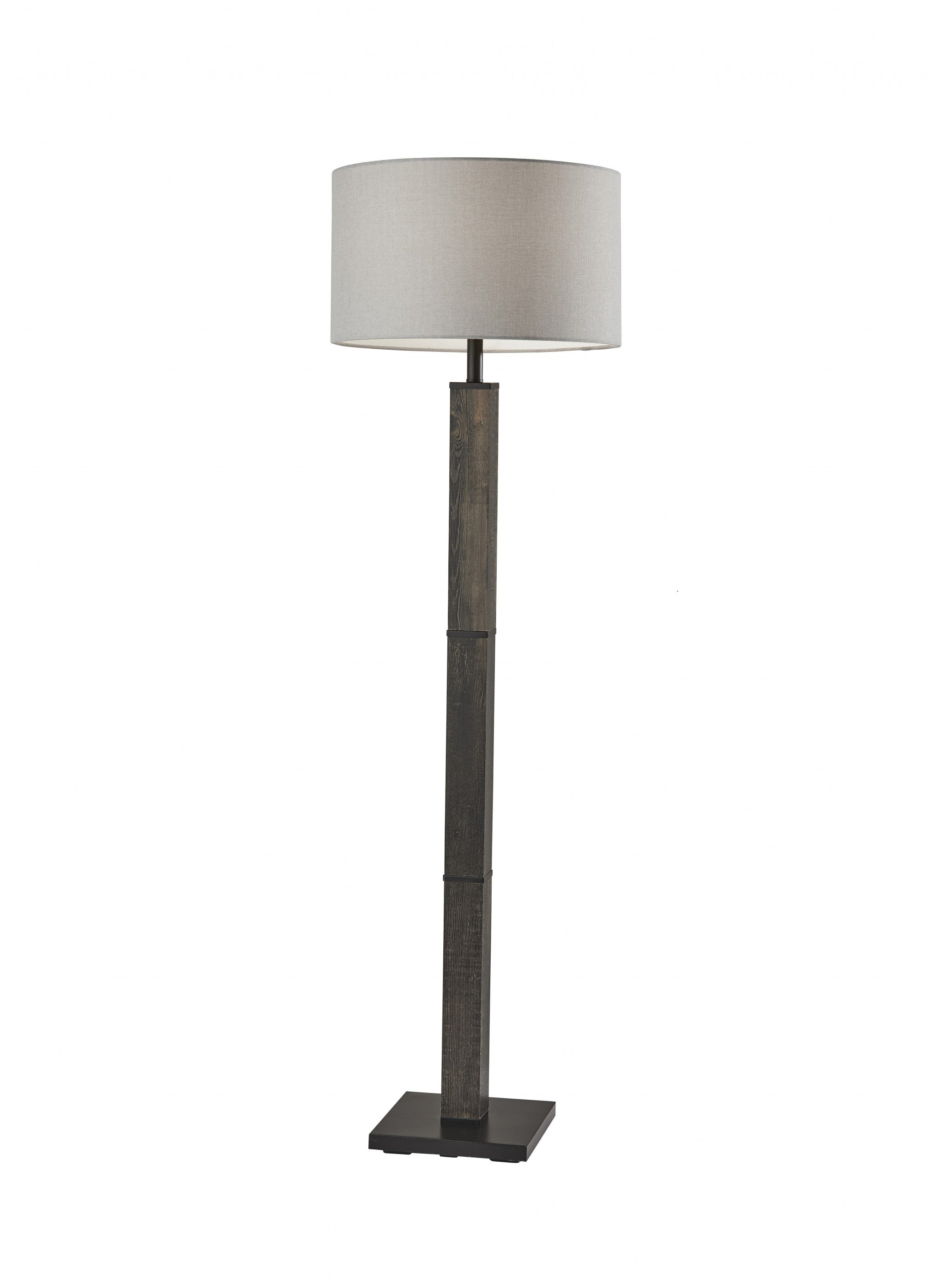 62" Black Wood And Metal Floor Lamp With Light Gray Fabric Drum Shade