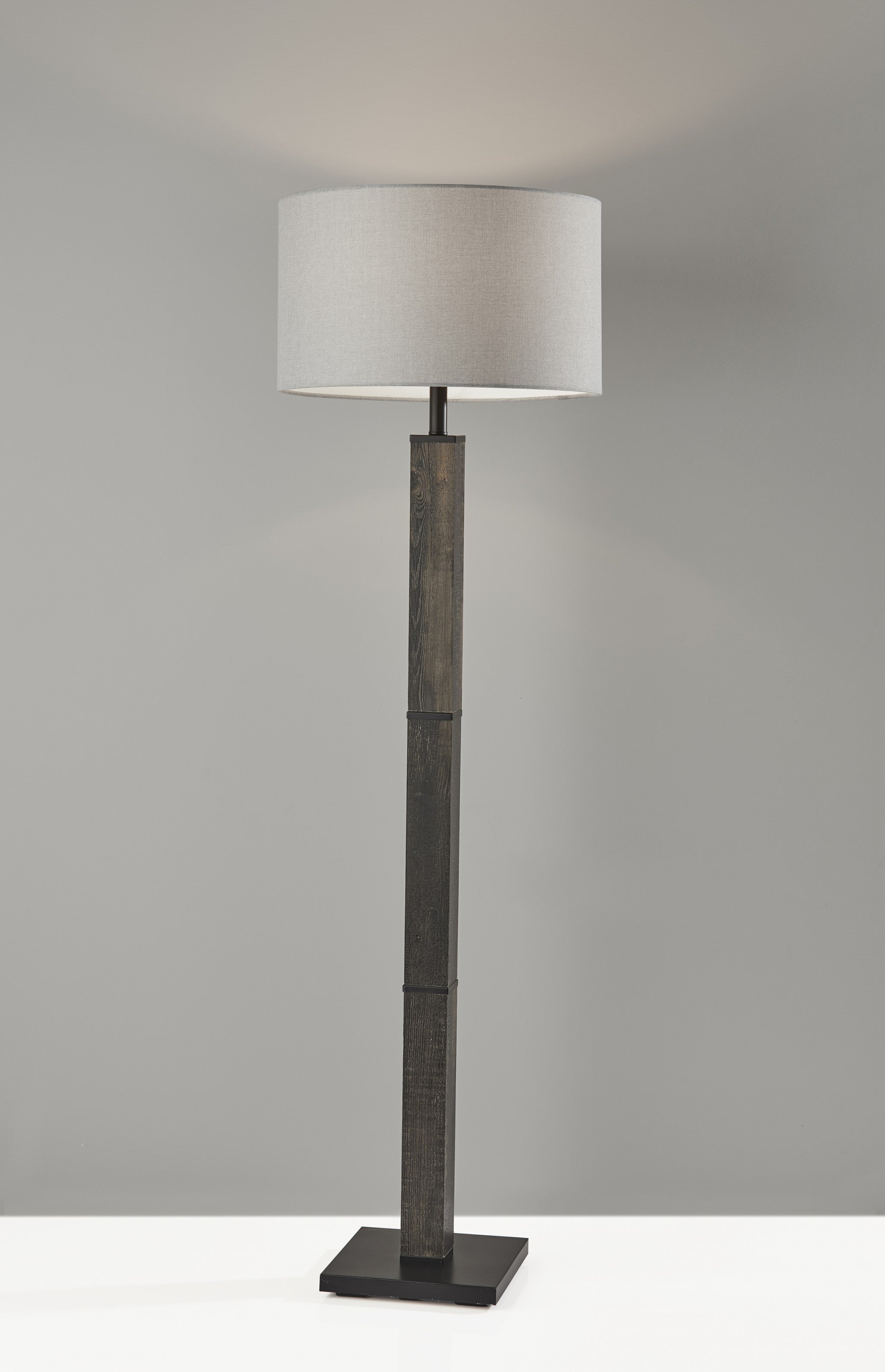 62" Black Wood And Metal Floor Lamp With Light Gray Fabric Drum Shade