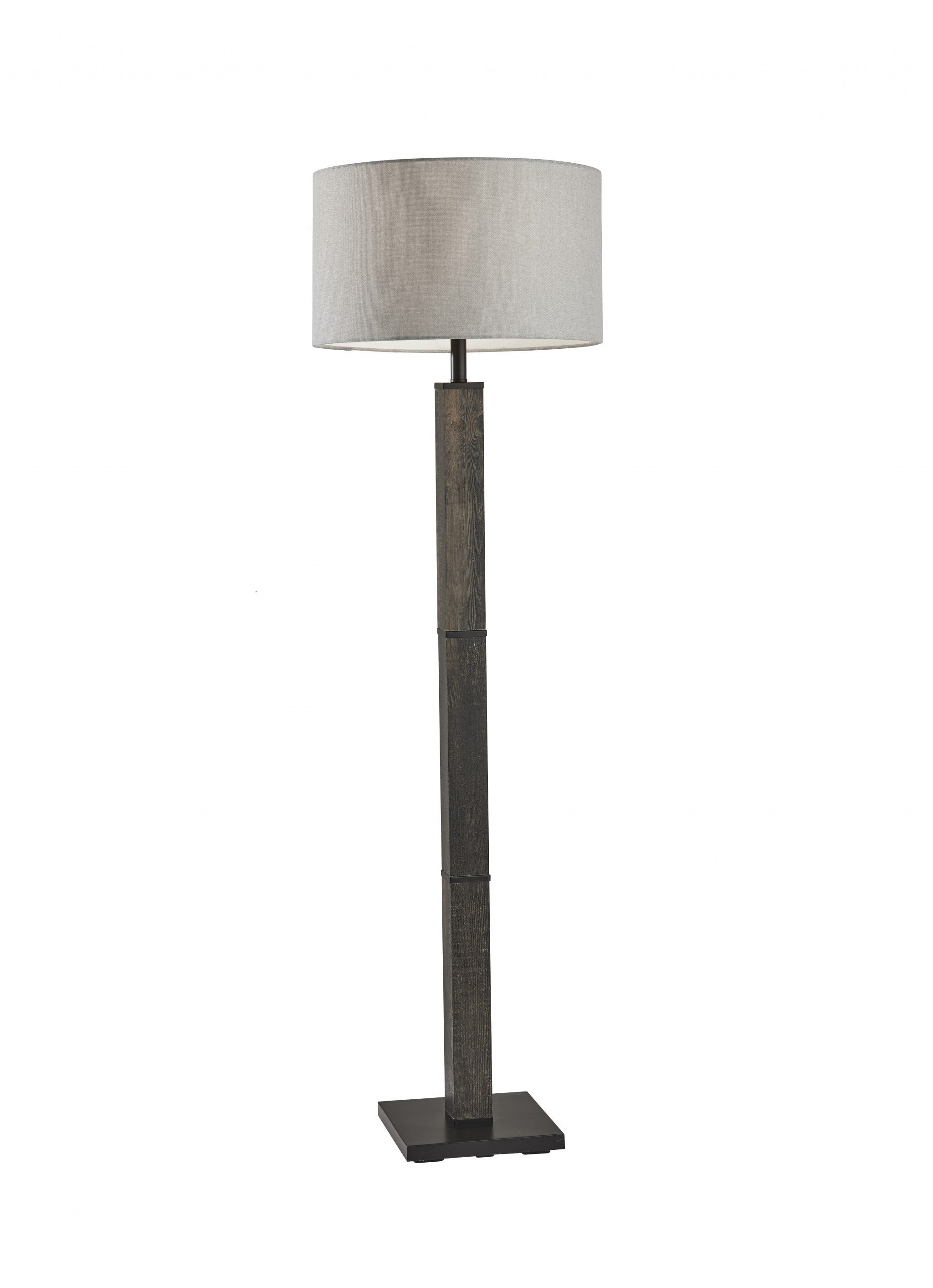 62" Black Wood And Metal Floor Lamp With Light Gray Fabric Drum Shade