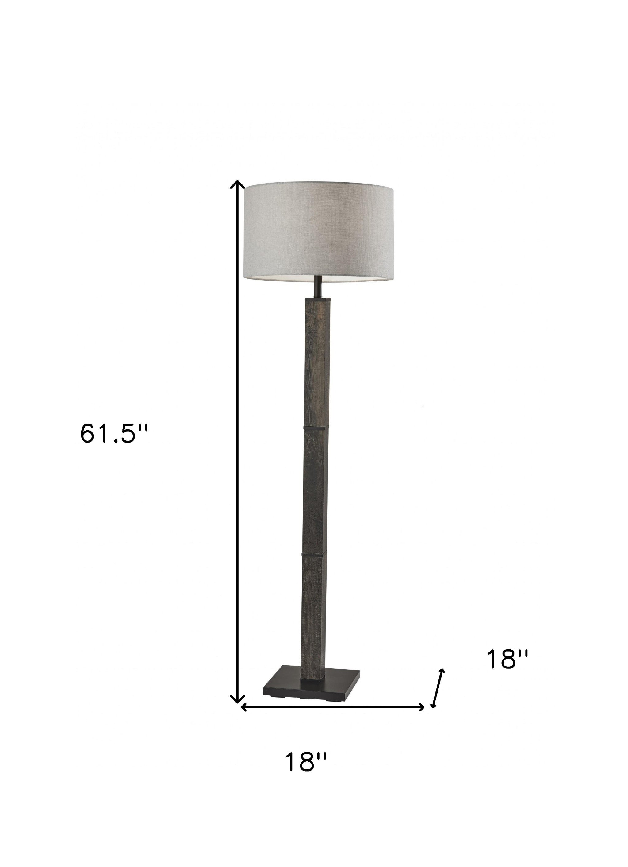 62" Black Wood And Metal Floor Lamp With Light Gray Fabric Drum Shade