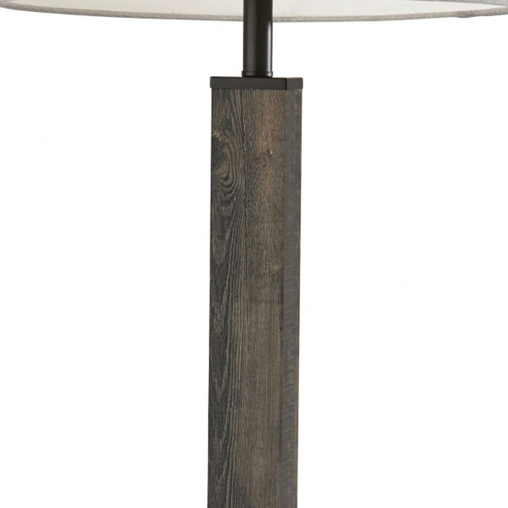 62" Black Wood And Metal Floor Lamp With Light Gray Fabric Drum Shade