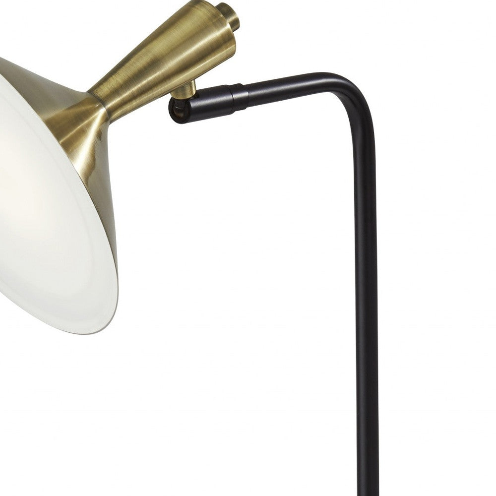 22" Black Metal LED Desk Table Lamp With USB And Antiqued Brass Cone Shade